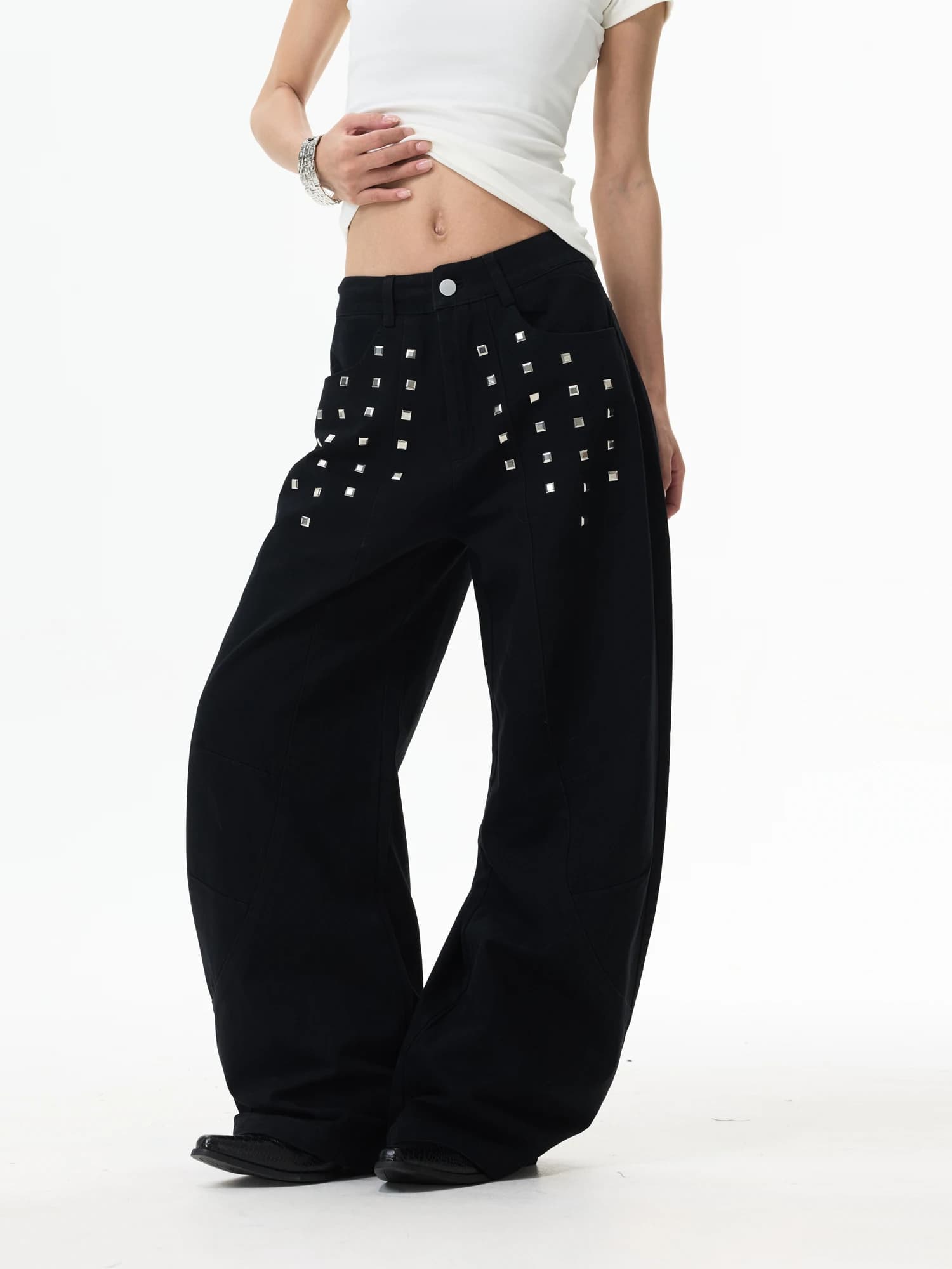 Yeboon American Retro Rivet Knife Casual Pants Loose Wide Leg Straight Black Workwear Trousers Unisex Spring Fashion Jeans