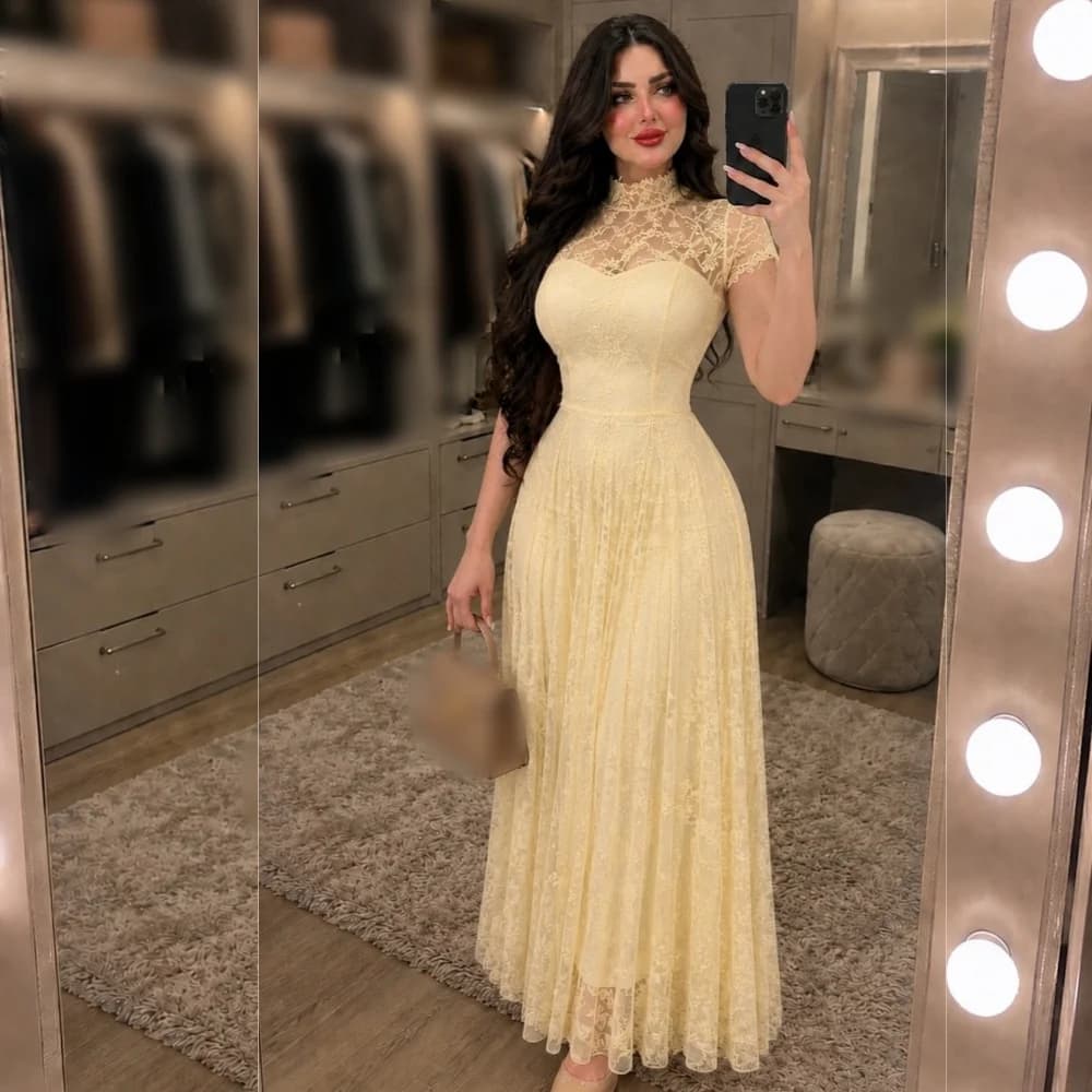 Customized Elegant High Collar A-line Midi Dresses Wedding Party Dress for Banquet Lace Formal Evening Gowns