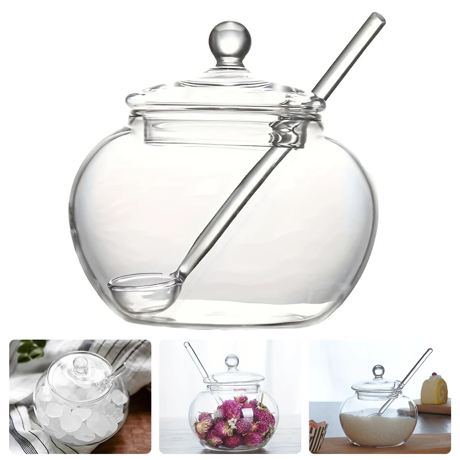 Glass Jar With Lid Spoon Candy Spice Pots Spicing Sugar Bowl Sugar Pot Home Transparent Flatware Kitchen Cooking Organizer