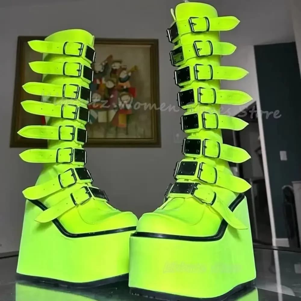 Knee High Boots Belt Buckle Platform Novelty Leather Round Toe Thick Bottom Solid Color Fashion Novelty Sexy Women Shoes Newest