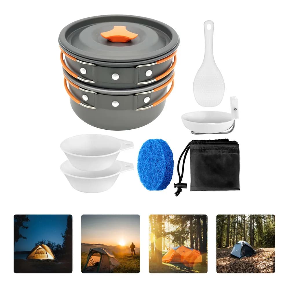 Set da Cucina Portatile per Campeggio 2-3 Persone, Padella in Alluminio Anodizzato, Cucchiaio, Ciotole e Cucchiai per Alimenti, Set da Cucina per Esterni