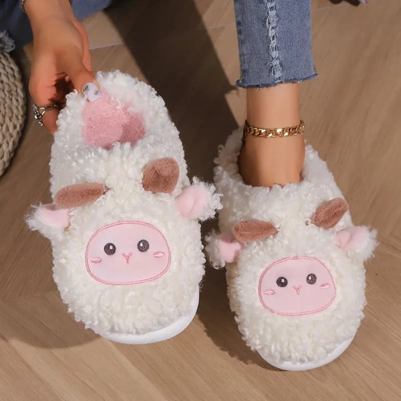 Winter Lovely Little Sheep Slippers For Women Men Cute Lamb Plush Home Sandals Couples Fashion Embroidered Soft Cotton Slides