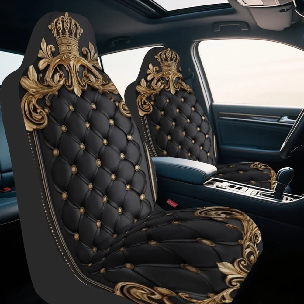 Set di 2 eleganti coprisedili per auto con stampa dorata, adatti per i sedili anteriori, facili da installare e pulire, universali.