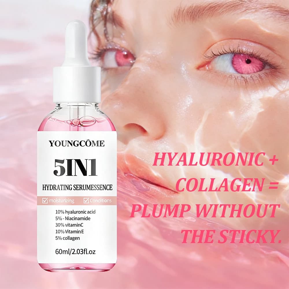 Siero Viso 5-in-1 all'Acido Ialuronico, Arricchito con Vitamina C, Vitamina E e Collagene, Essenza Idratante Quotidiana Illuminante per una Pelle Morbida