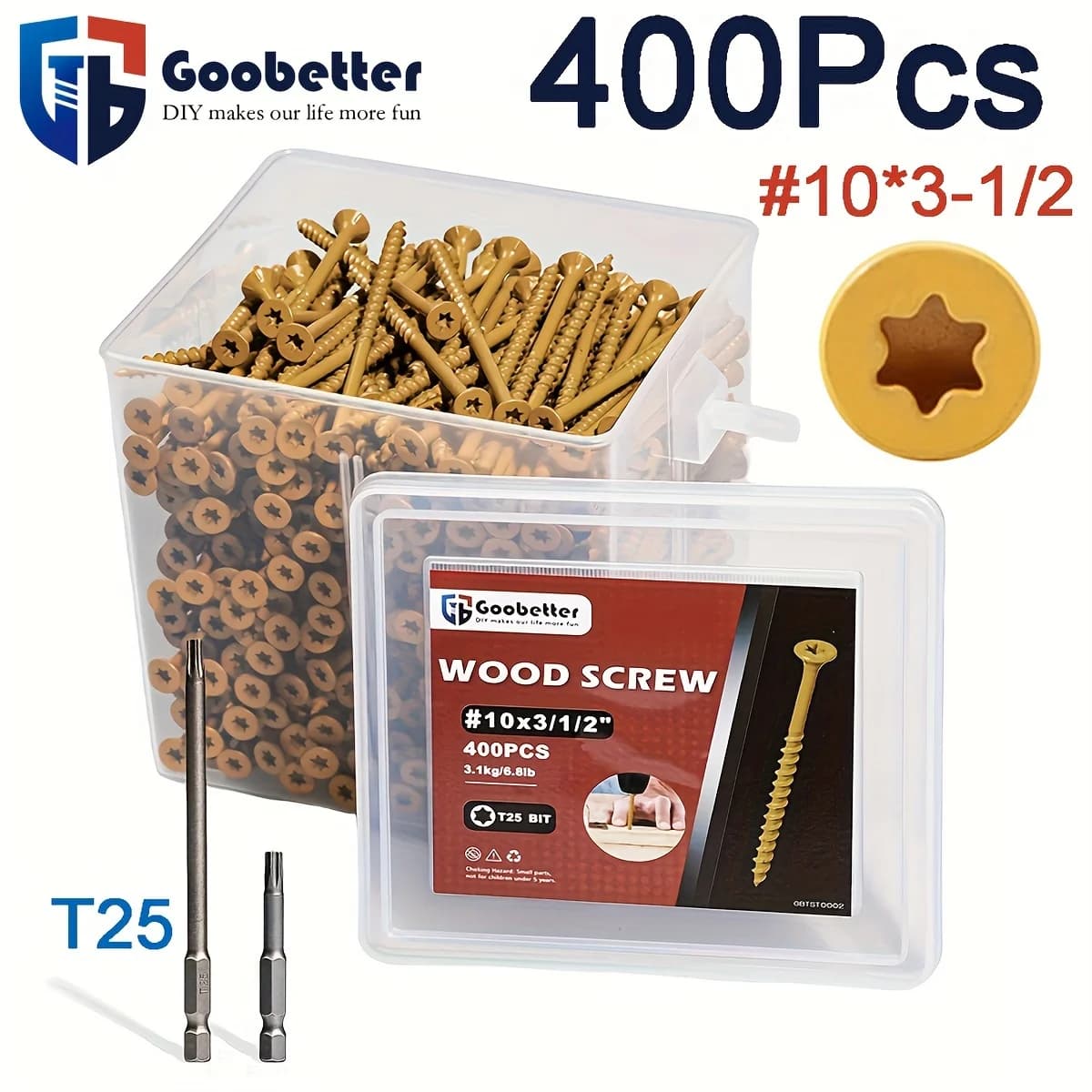400pcs #10*3-1/2 Torx Self Tapping Wood Screws | Rust Resistant, Yellow Ceramic Coating, Tamper-resistant, Fully Threaded, Flat Head, Right Hand Thread, Ideal for Wood Fastening