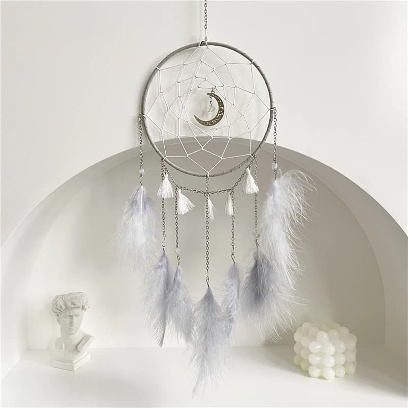 Boho Dreamcatcher with Moon & Beads - Stylish Wind Chime Wall Hanging for Bedroom Decor, Cozy Airbnb & Girls Room Aesthetic