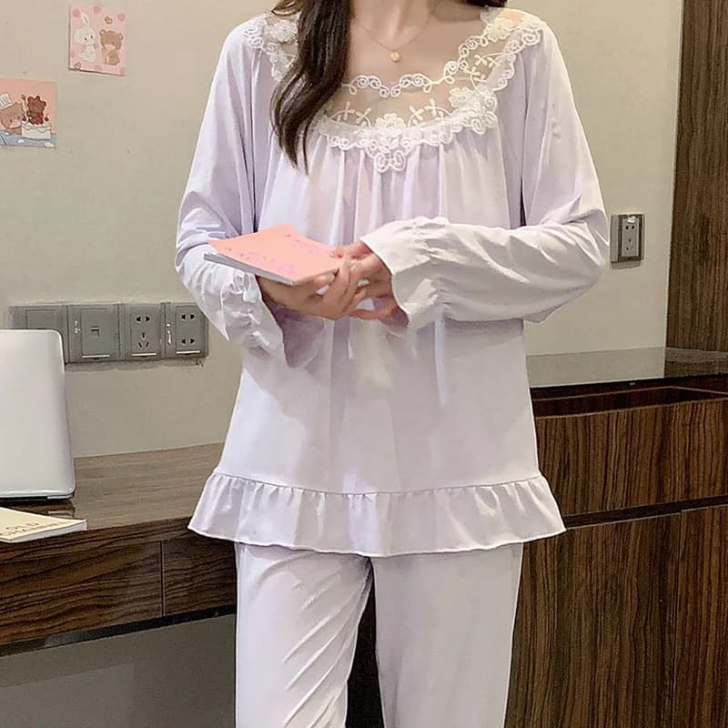 2026 Primavera Manica Lunga Carino Del Merletto 100% Cotone Pigiama Set per Le Donne Coreano Degli Indumenti Da Notte Pigiama Pijama Mujer Homewear Vestiti Per La Casa