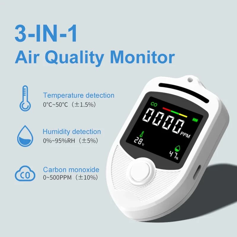 3 in 1 Multi-functional Carbon Monoxide Gas Detector Portable Temperature Humidity Monitor for Outdoor Camping Home