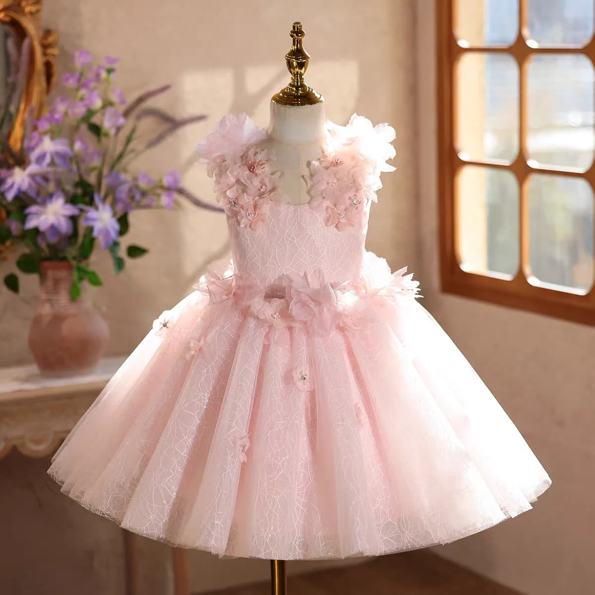 Abito da damigella d'onore Dreamy Vow D238 elegante rosa con fiori 3D, adorabile abito da principessa per bambini, ideale per matrimoni, compleanni, feste e concorsi.