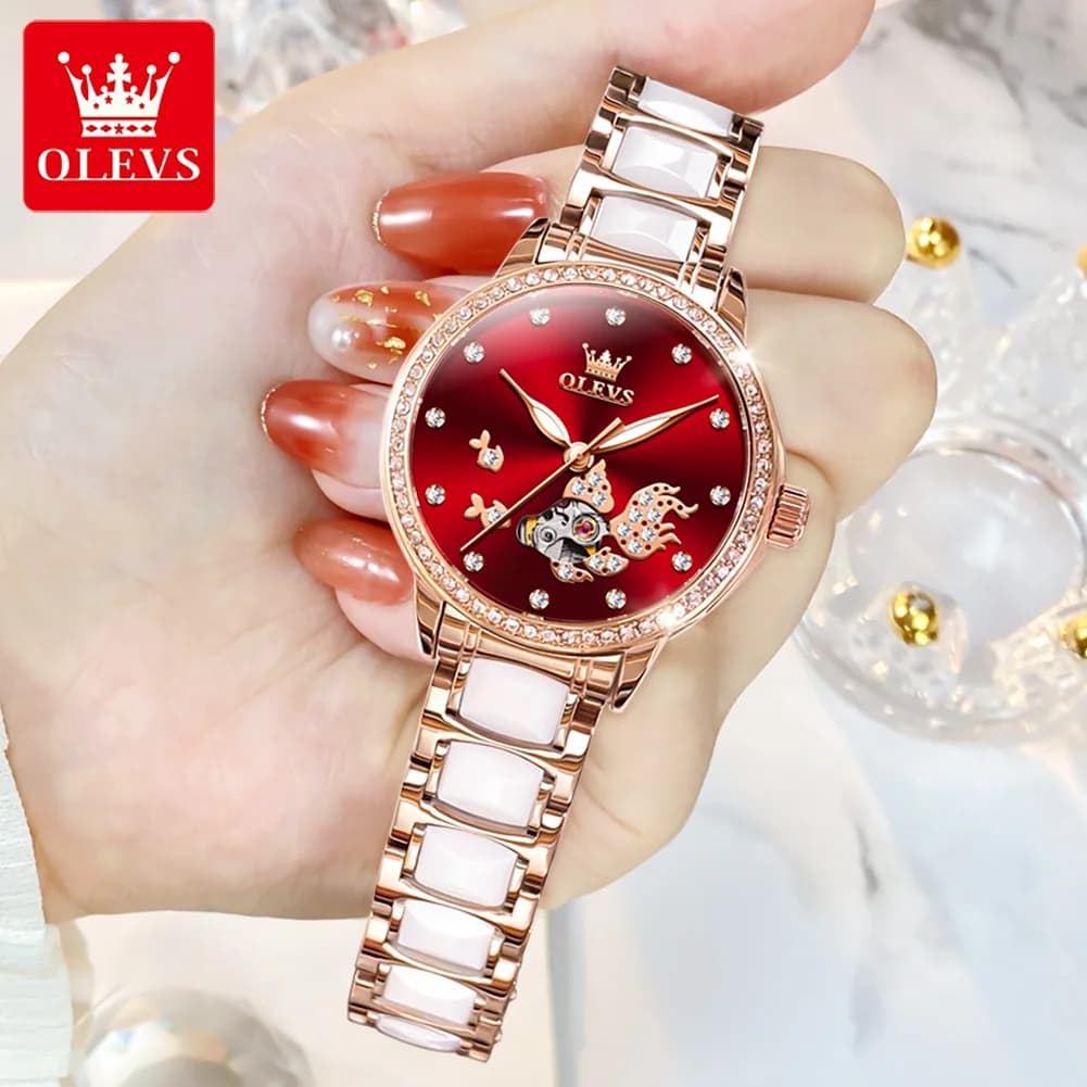 Koi Fish Dial Design OLEVS Bracciale in ceramica Orologi da donna Orologio meccanico automatico di moda di lusso da donna Relogio