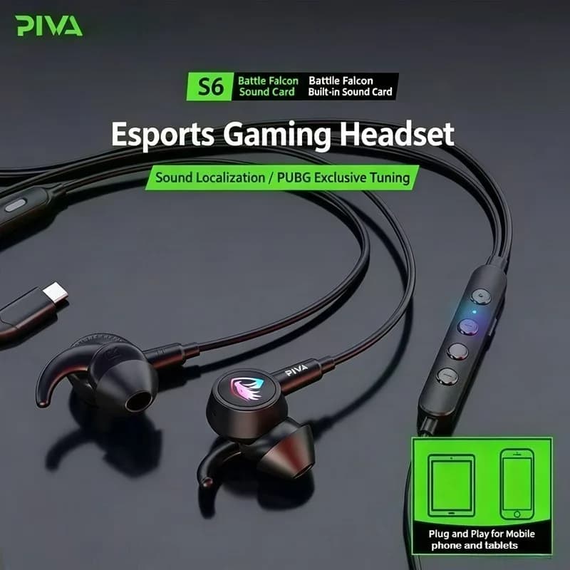 PIVA S6 Wired Gaming Earphones with Mic 13mm Driver In-Ear EQ Sound Card Bass Headset for Phone PS4 PS5 Switch PC