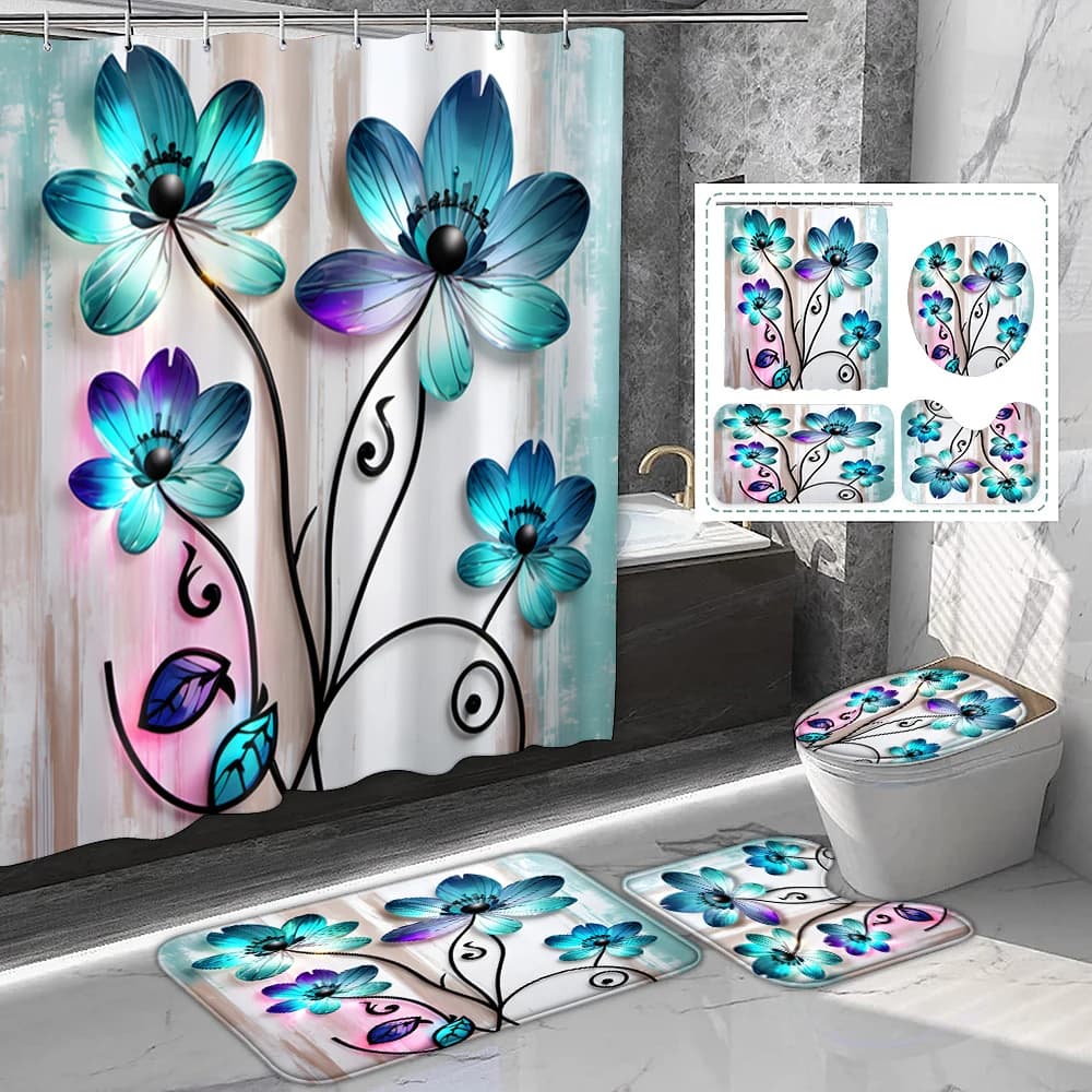1 set di tende da doccia in poliestere con stampa floreale di colore blu, stile romantico e sognante, con ganci in plastica e tappetini da bagno