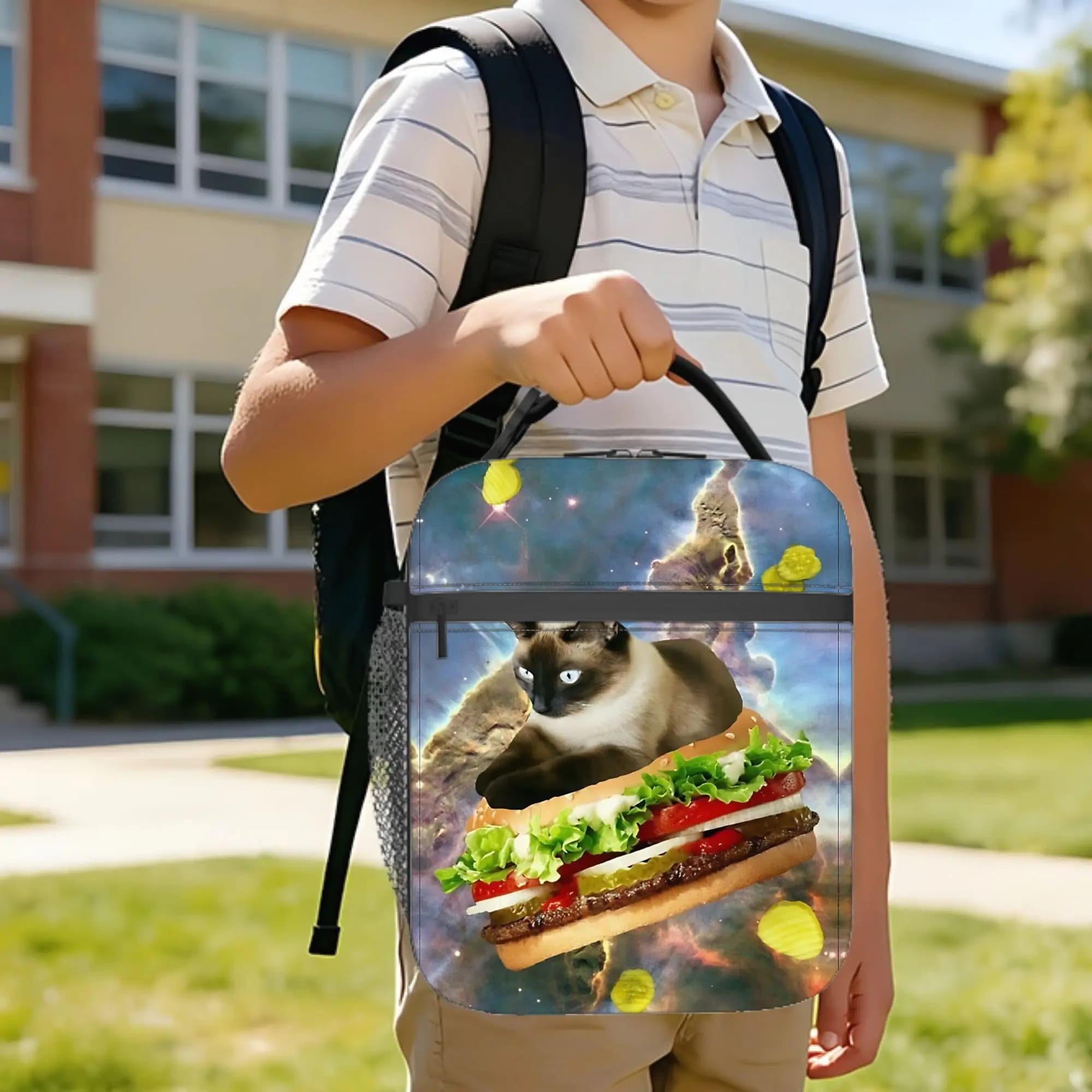 whopper cat Insulated Lunch Bag Leakproof Hamburger Space Cat Lunch Container Thermal Bag Lunch Box Tote School Food Bag