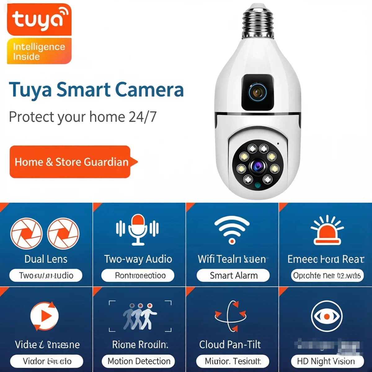 Telecamera IP Dome PTZ 4MP con Doppia Lente e Attacco E27, App Tuya, Rilevamento Umanoide AI, Visione a Colori, CCTV, Baby Monitor
