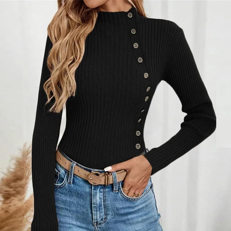 Camicia basic da donna autunno inverno bianco nero verde blu top maglione a collo alto donna elegante camicette a maniche lunghe con bottoni a costine