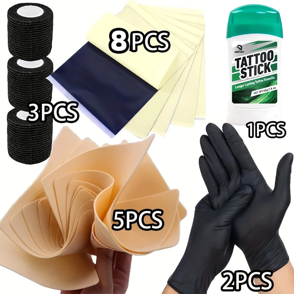 Kit per Trasferimento Tatuaggi 19 Pezzi, Include Fogli per Trasferimento, Pelle Sintetica per Pratica, Guanti per Tatuaggi, Bende per Tatuaggi, Sapone per Trasferimento sulla Pelle