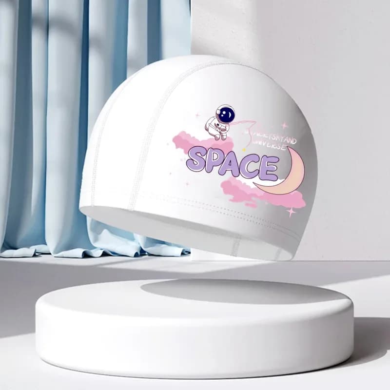 Children's animated cartoon swim cap Elastic PU Ear protector Swim hat Boys Girls Pool bath head with long hair