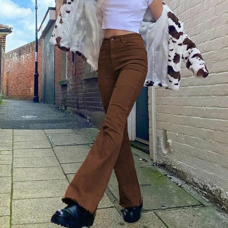 Women's High Waist Straight Leg Jeans Slim Fit Micro Flared Pure Color Street Style Denim Trousers Fashionable Long Leg Lengt...