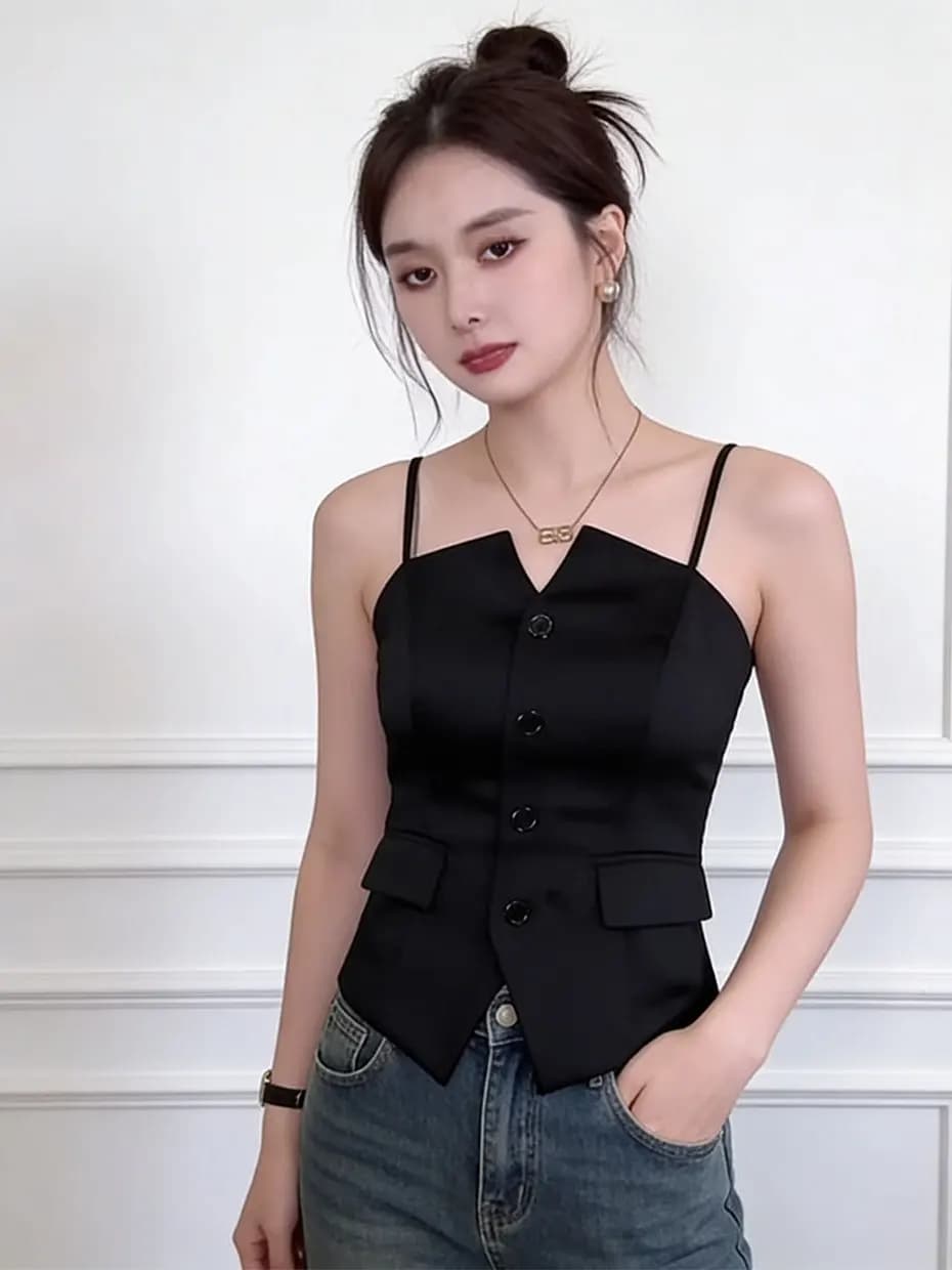 Chic Strap Vest Women Summer Inner Match Beautiful Back Sleeveless Shoulder Pad Single Wear Suit Jacket Top French Style Slim...