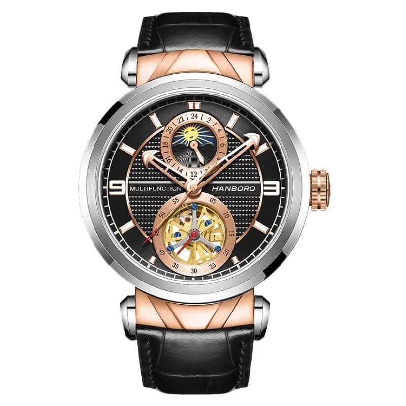 HANBORO Men Automatic Watch 43mm Mechanical Wristwatch Waterproof Skeleton Flywheel Dial Sapphire Mirror Sun-Night