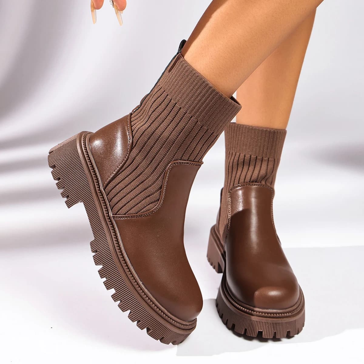 Autumn Winter Fashion Knit Sock Boots Women Chunky Platform Slip On Low Heels Short Booties Ladies Black Patchwork Ankle Boots