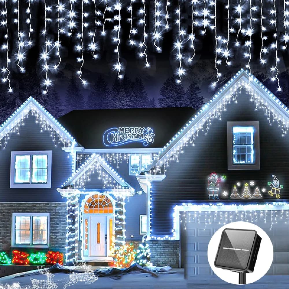 Luci di Natale a LED Solari a Cascata Impermeabili per Esterni, per Alberi, Matrimoni, Feste, Patio, Grondaie, Giardino, Decorazioni Festive
