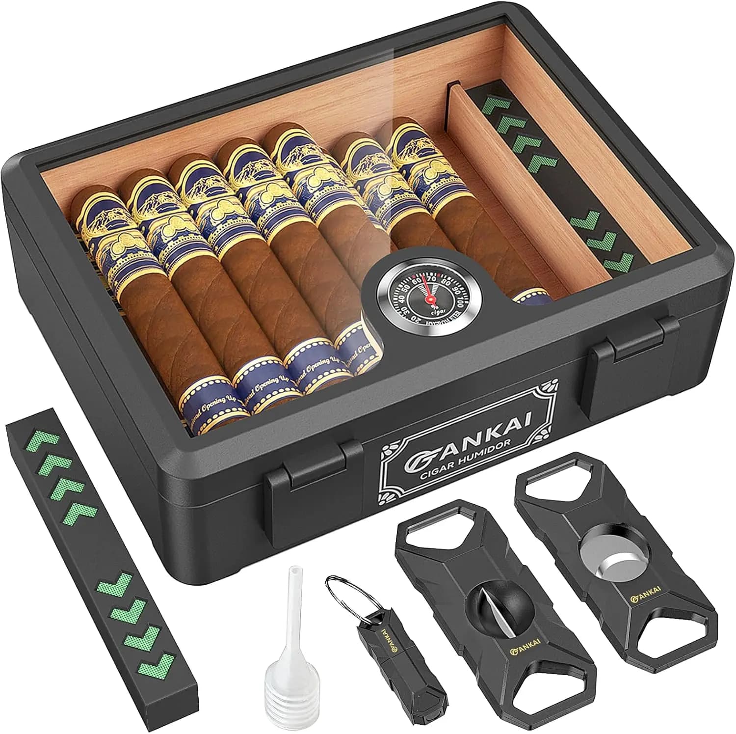 Cigar Humidor with Glass Top, Humidifier & Hygrometer, Cedar Lining, Holds 20-25 Cigars, Black