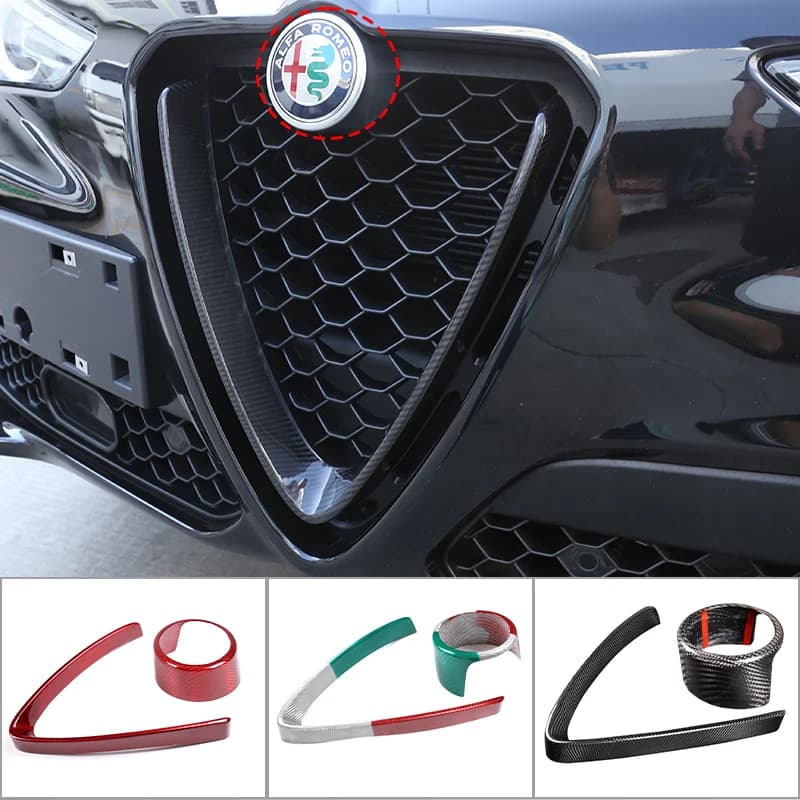 Per Alfa Romeo Giulia Stelvio 2017-2026, Griglie Anteriori in Vera Fibra di Carbonio, Decorazione Cornice a V, Adesivo per Logo, Copertura Anello
