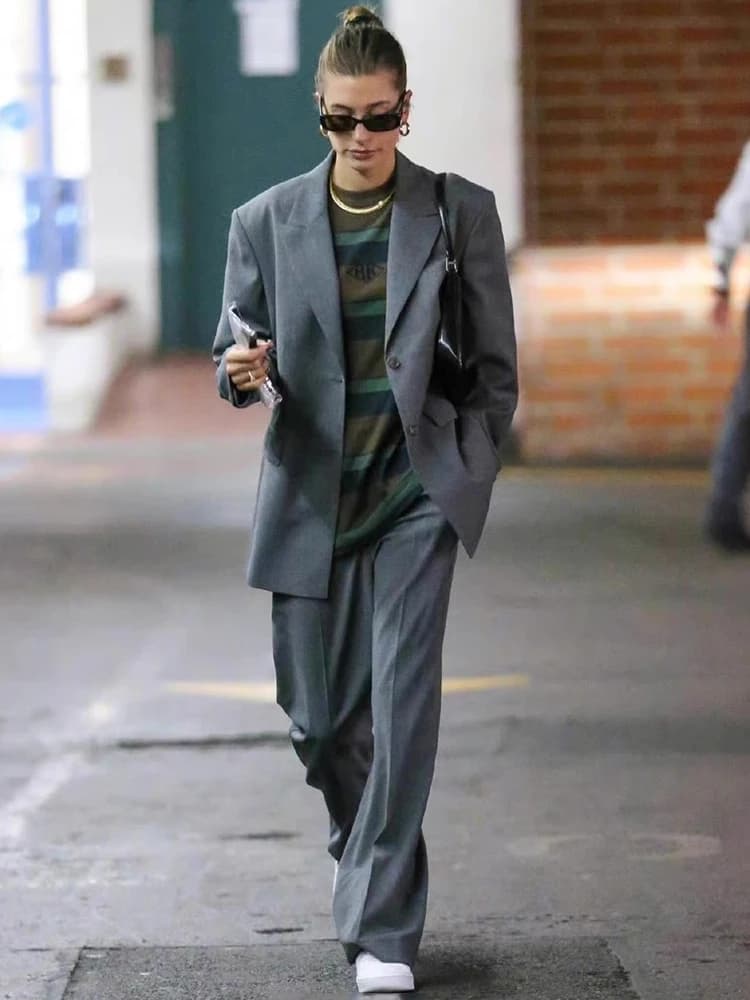 Spring 2024 Naturaleye Women's Grey Suit Jacket And Pants Set Fashionable And Elegant Outfit Polyester Fabric