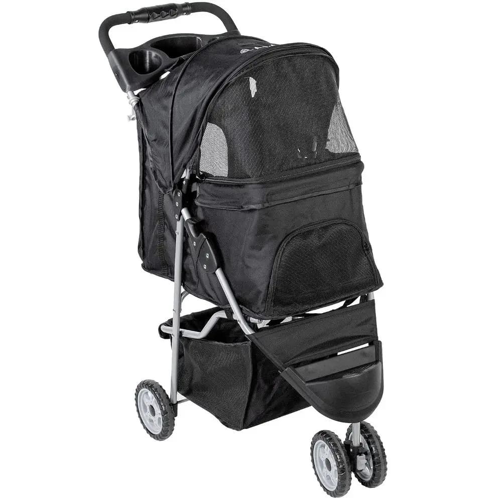 Black 3 Wheel Pet Stroller or Cat, Dog and More, oldable Carrier Strolling Cart, STROLR-V003K