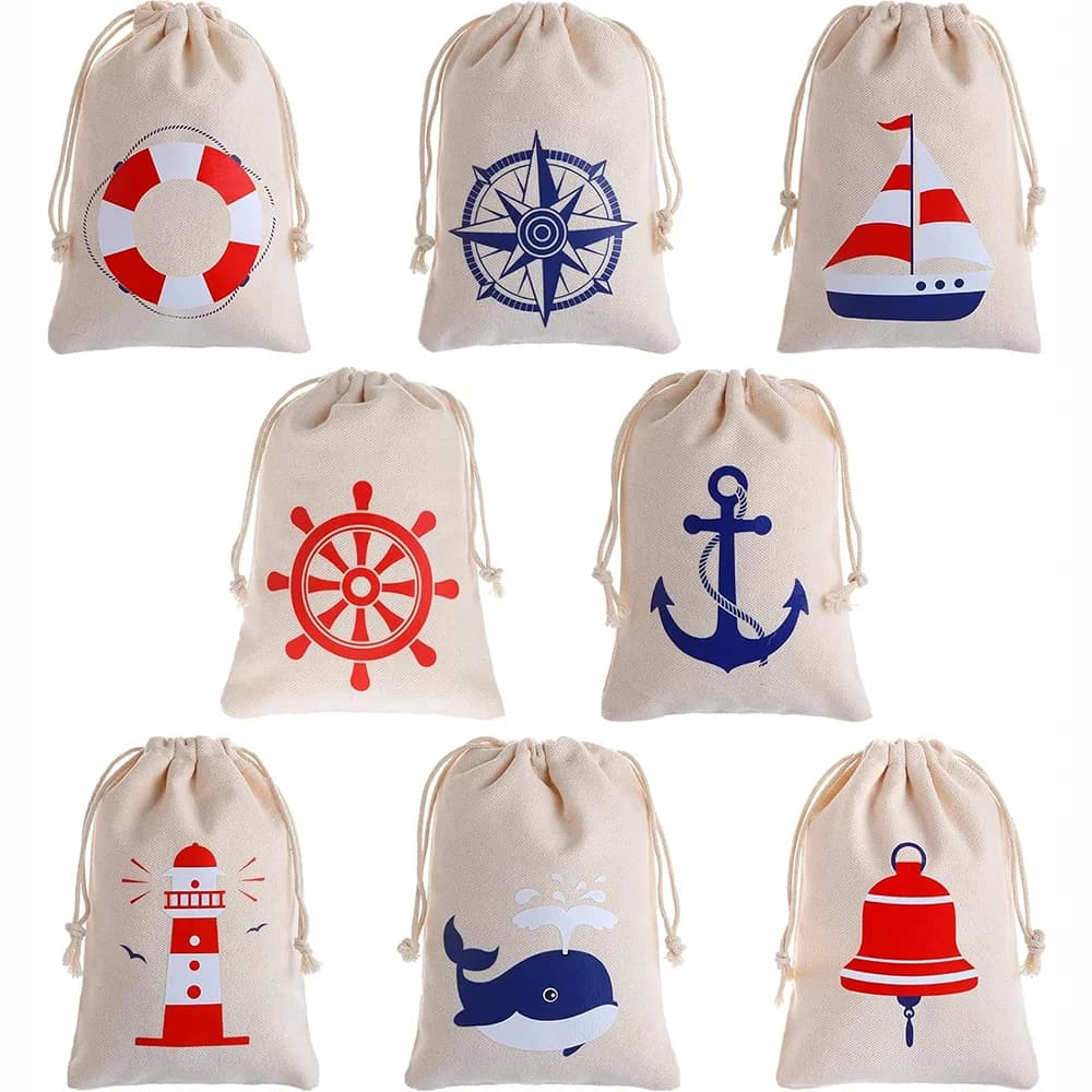 5Pcs Nautical Themed Drawstring Gift Bags Anchor Boat Lighthouse for Boys Girls Birthday Baby Shower Wedding Beach Party Favor