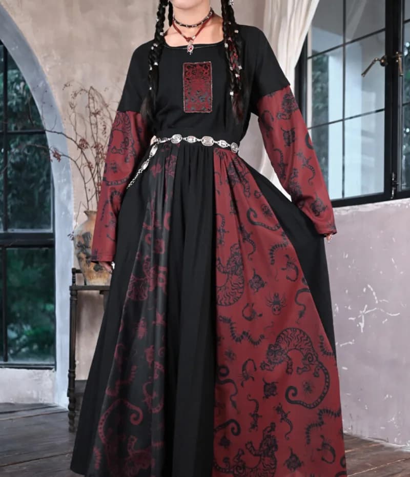 Nuovo miglioramento Guofeng Gonna lunga Guofeng Stampa Gonna quotidiana Fiesta Carnevale Halloween Cos Cosplay Rosso