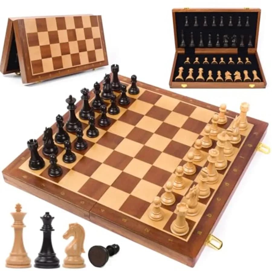 Set di scacchi portatile in legno con scacchiera pieghevole da 15 pollici, pezzi realizzati a mano in legno naturale, include 2 regine extra per avanzata pratica.