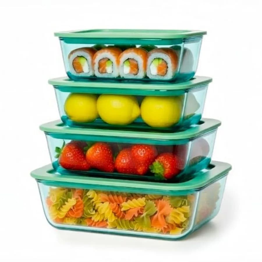 Set di 8 Contenitori in Vetro Verde Acqua per Alimenti con Coperchi in Vetro con Cornice in Silicone, 100% Senza Plastica, Set per Preparazione Pasti, 2x 40oz, 2x