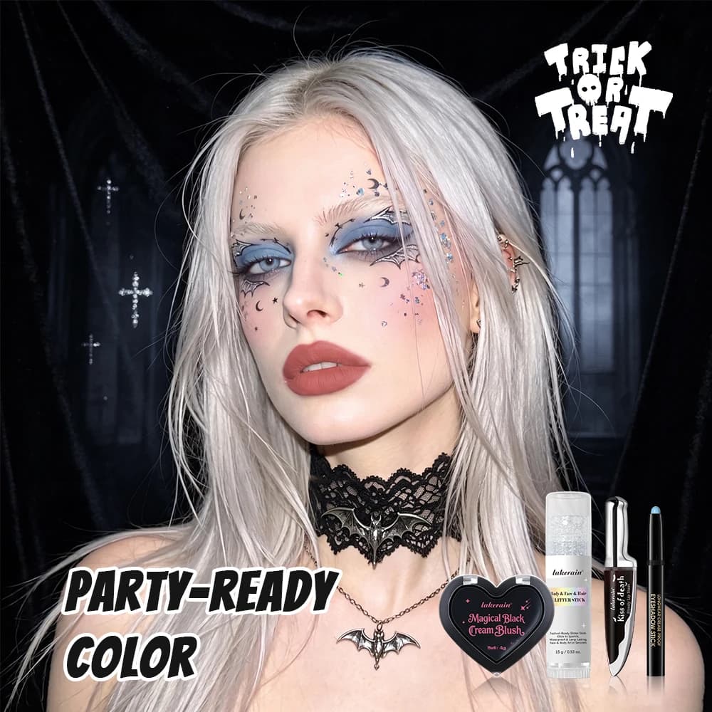 4pcs Halloween Gothic Makeup Set Lip Stain Dark Blush Blue Eyeshadow Stick Glitter Stick Eyeshadow Waterproof Cosplay Makeup