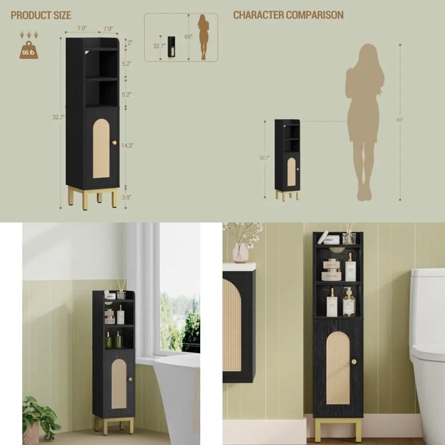Mobiletto portaoggetti da bagno, piccolo mobiletto angolare da terra con anta e ripiani, porta carta igienica stretto, organizer da bagno con