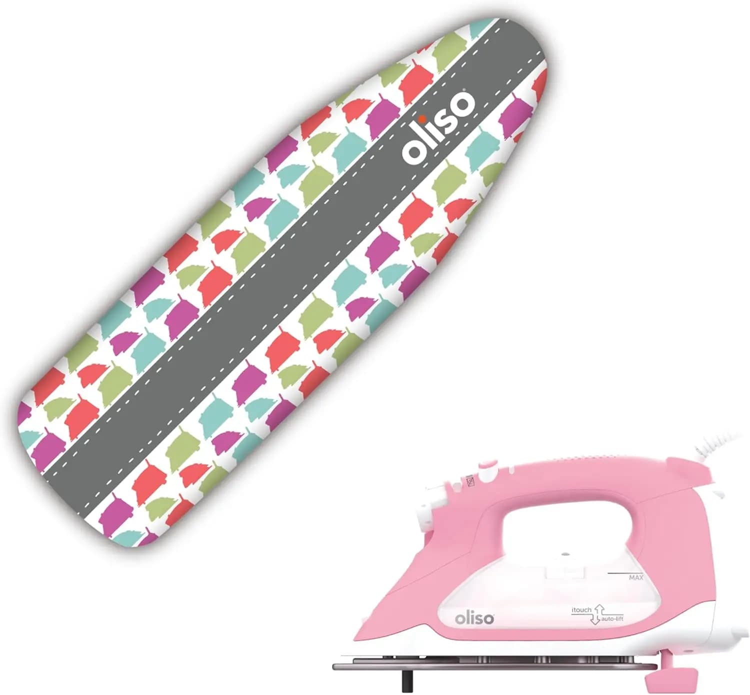 1800 Watt Smart Iron with Auto Lift in Pink, Includes Ironing Board Cover Lined with Durable 100% Cotton and Professional Grade Felt Pad