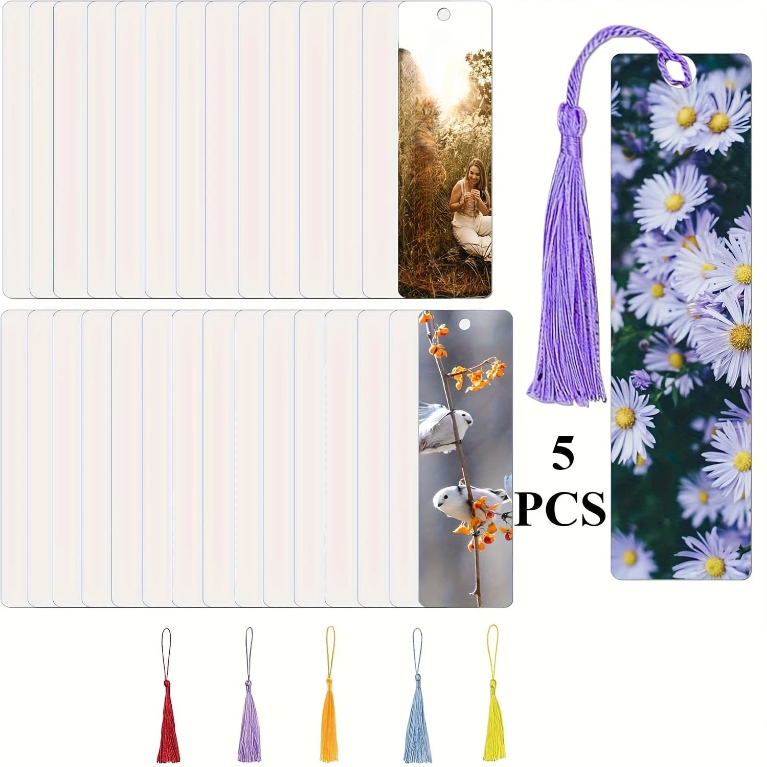 Segnalibri vuoti a sublimazione bifacciale da 5 pezzi, segnalibri fai da te in plastica ultrasottile con foro e nappe per artigianato e regali