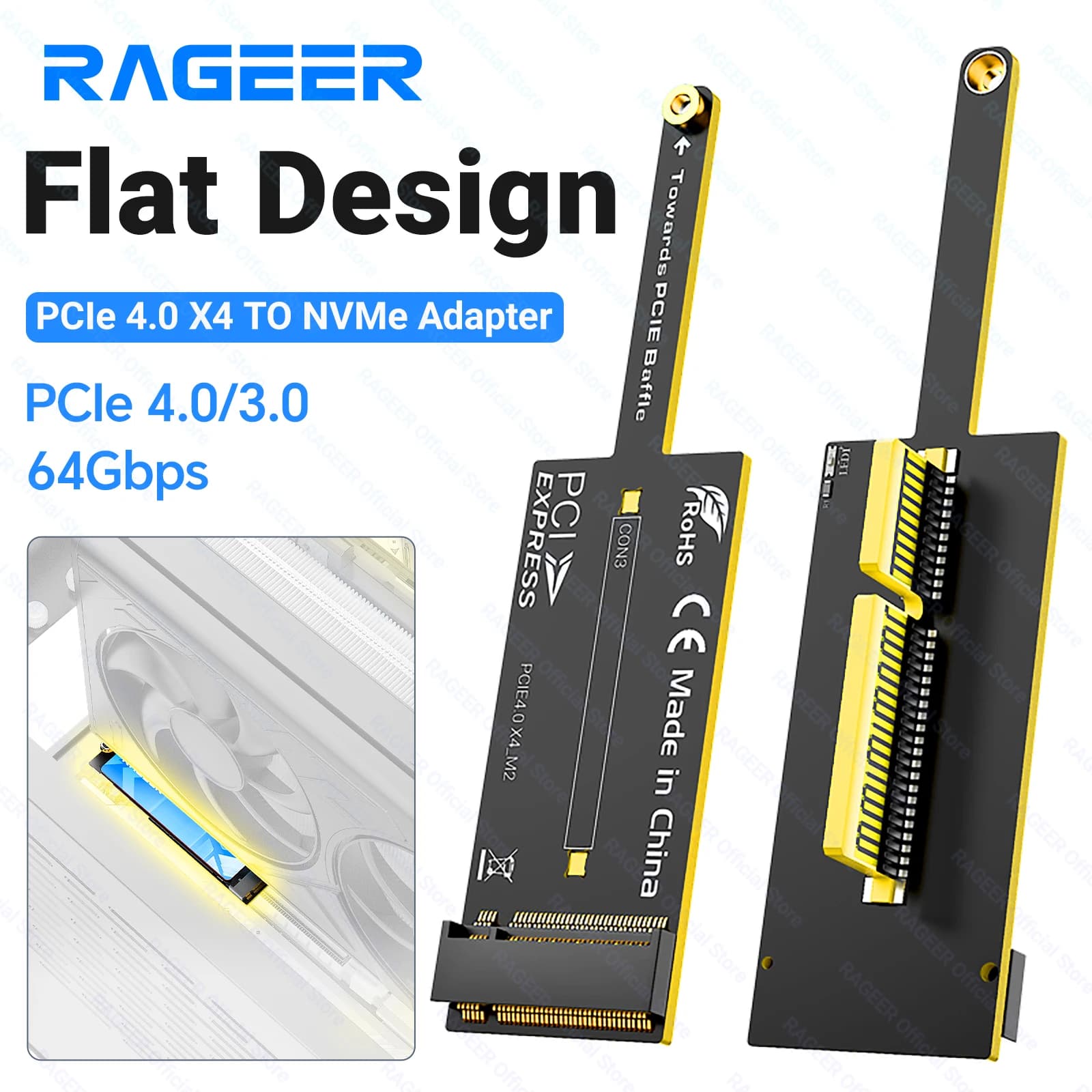 RAGEER PCIe 4.0 x4 to NVMe Expansion Card 64Gbps Flat Obstruction-Free Mini Design for M.2 2280 SSD PCIe x4/x8/x16 Slots