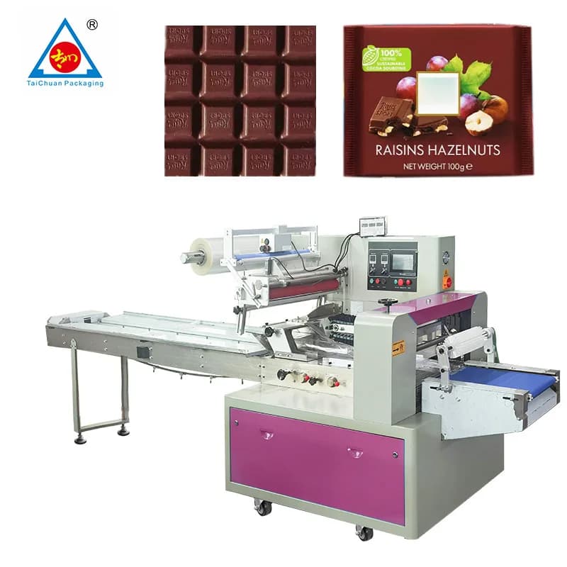 Macchina confezionatrice per cuscini con barra proteica al cioccolato con flusso automatico a buon prezzo che avvolge l'imballaggio della macchina per il cioccolato
