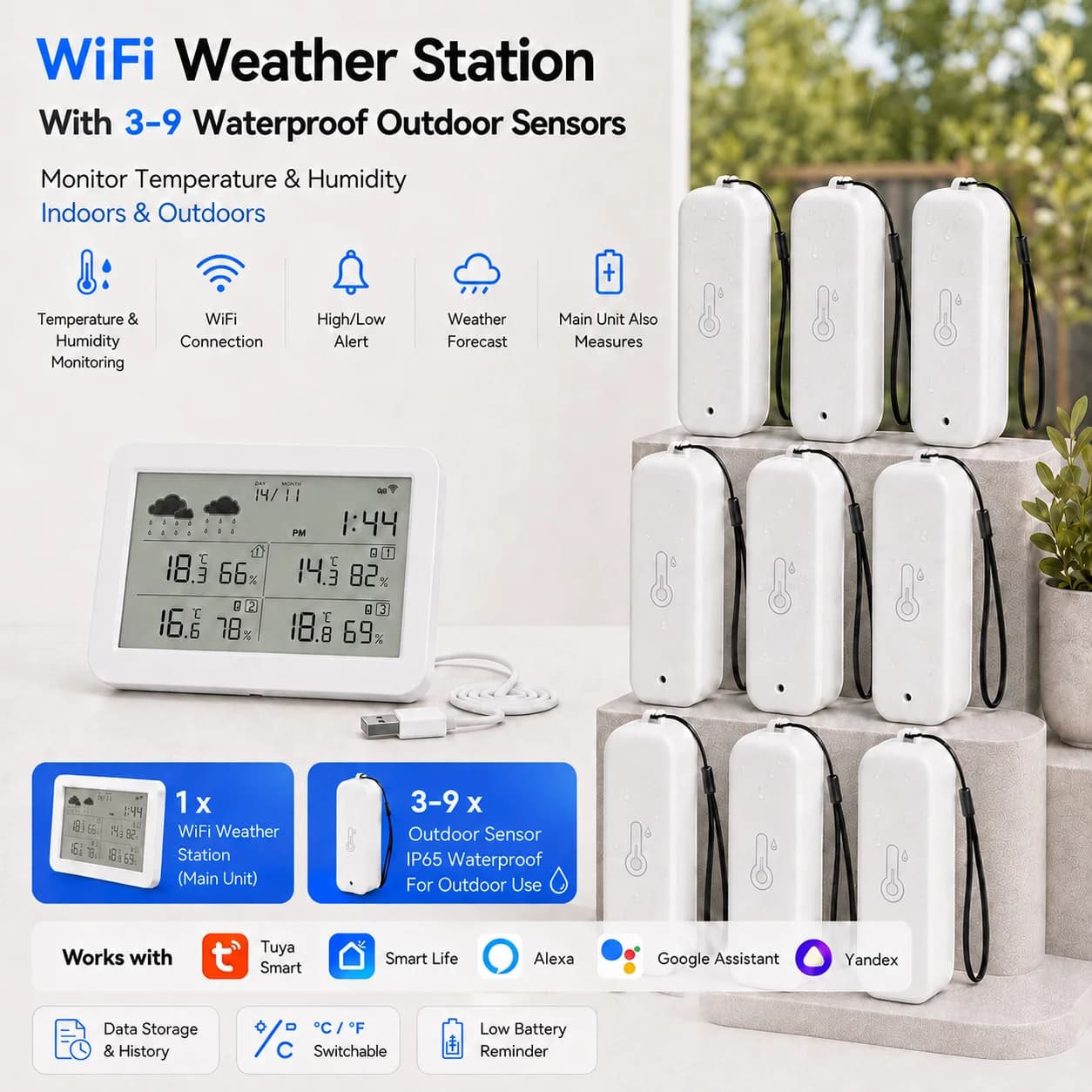 Tuya WiFi Weather Station RF433 IP65 Waterproof Outdoor Temperature and Humidity Sensor (2-9 Sub-devices)