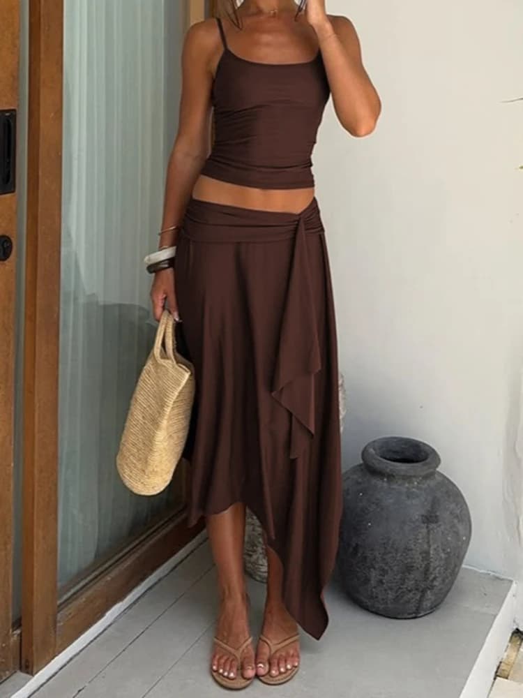 SsTss Women's Summer Chic Set High Street Solid Sleeveless Crop Camis Top and skirt longuette irregular draped coordinated dresses