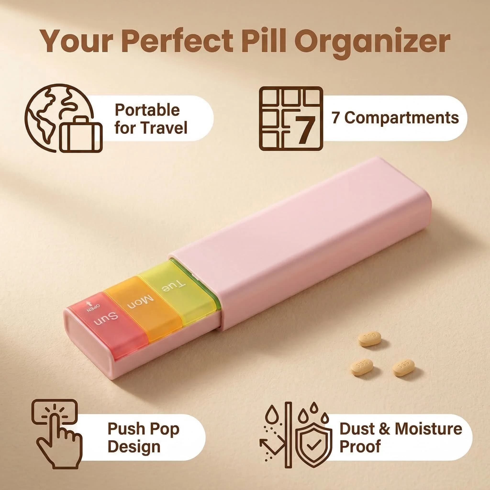 Organizzatore di pillole per 7 giorni, portatile da viaggio con pulsante, scatola settimanale per medicinali, contenitore giornaliero per vitamine, sigillato, a prova di umidità e polvere