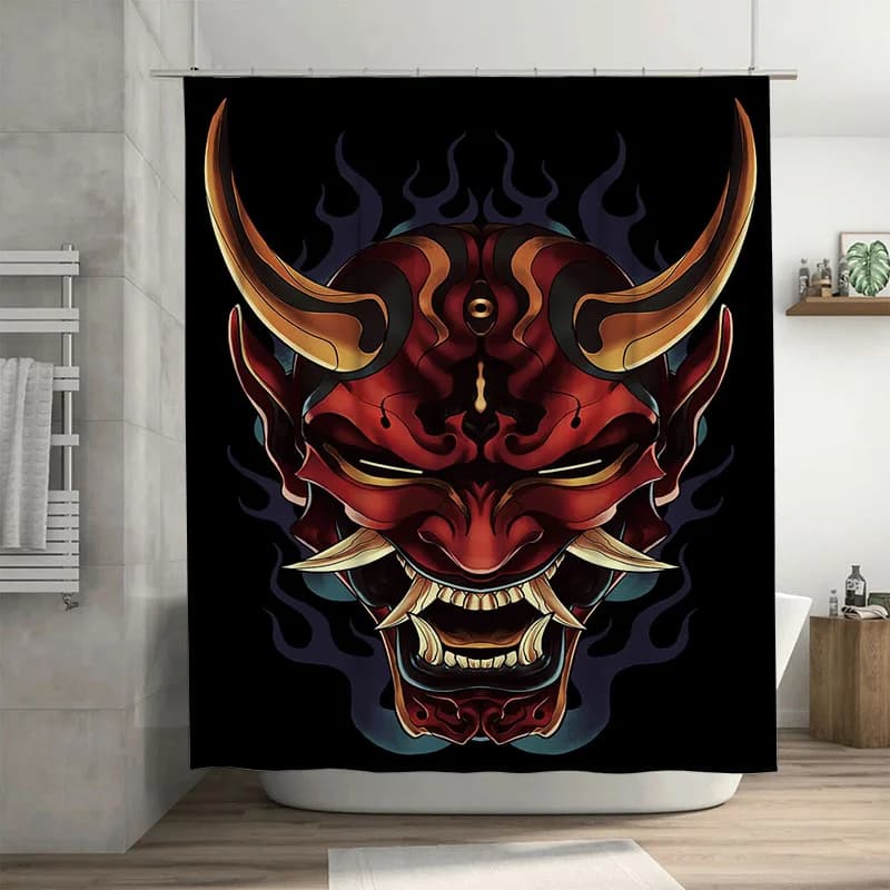 Elegante tenda da doccia da bagno diavolo cartone animato rosso scuro, poliestere impermeabile, decorazione decorativa per la casa, dimensioni personalizzate disponibili, fiamma nera