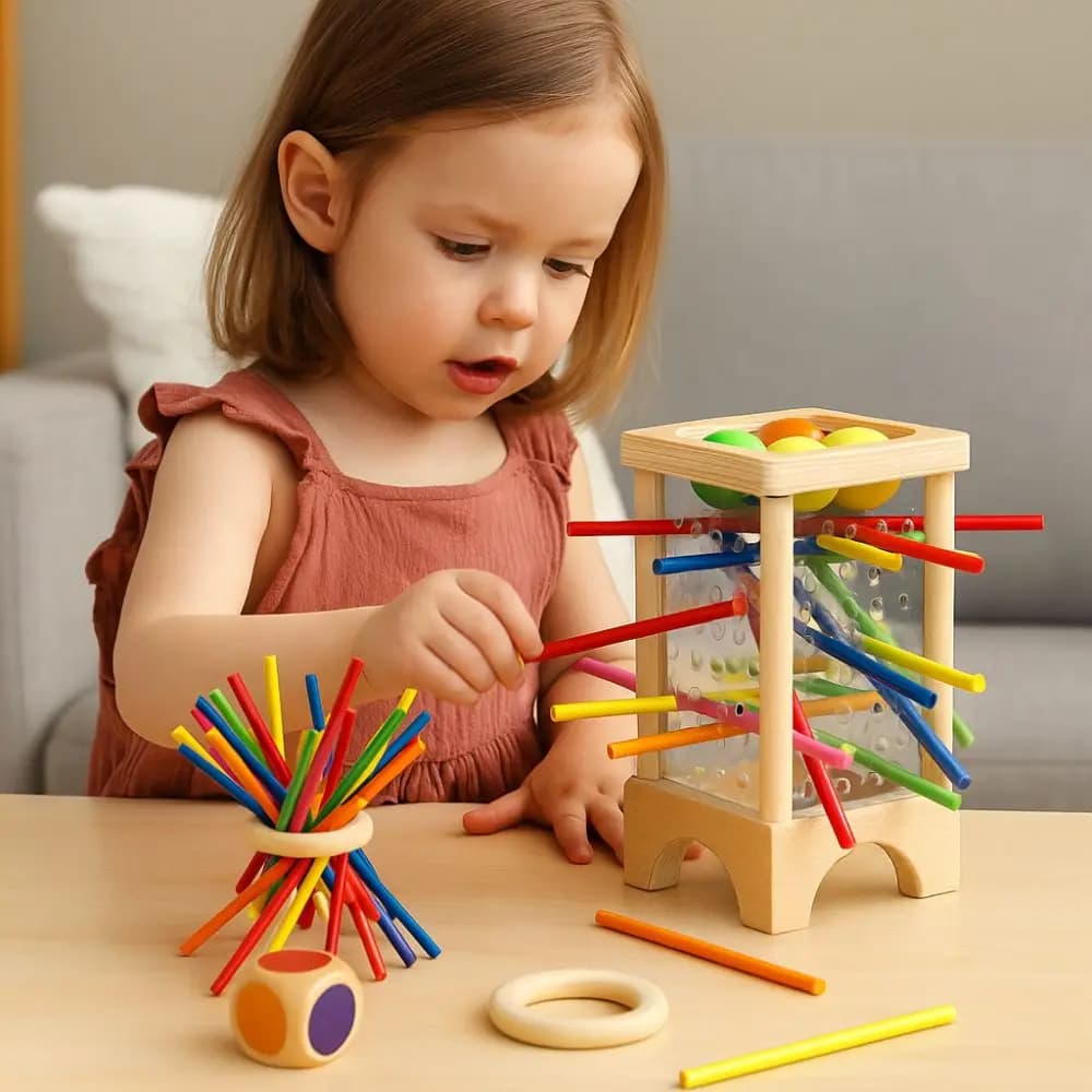 Gioco da tavolo con bastoncini di legno a 4 facce Giocattoli educativi Bastoni colorati Gioco di caduta di palline Montessori Abilità motorie classiche