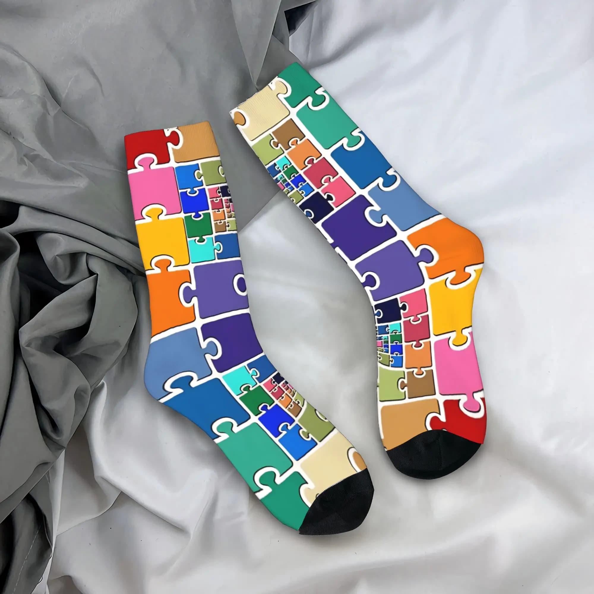 Calze Puzzle con Grafiche, Calze Antisudore da Uomo, Calze Calde e Morbide, Calze da Ciclismo alla Moda per l'Autunno