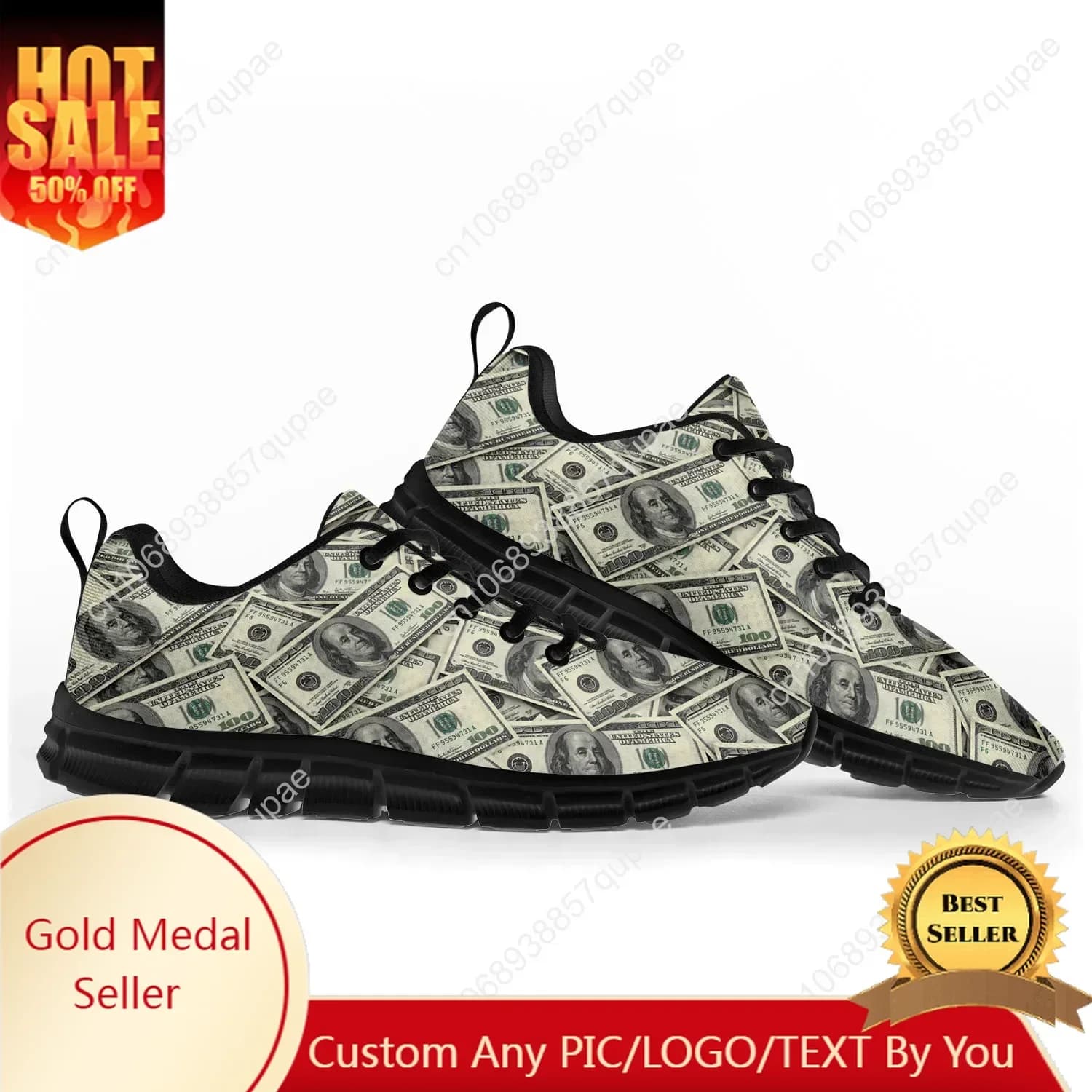 Scarpe sportive popolari stampate in dollari Scarpe da ginnastica da donna da uomo Scarpe da coppia alte personalizzate personalizzate casual nere