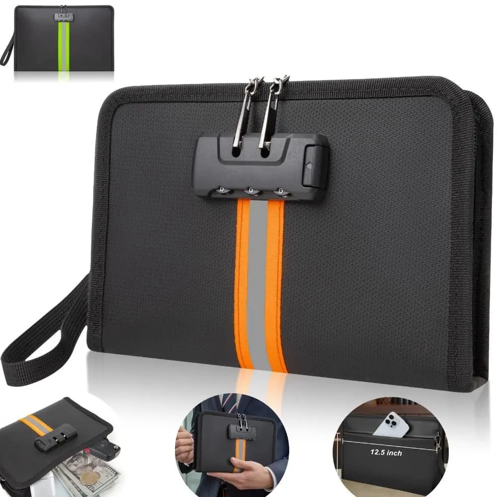 Borsa per soldi ignifuga con serratura a combinazione Borsa di sicurezza nera impermeabile per contanti portatile con borsa sicura per documenti con cerniera da viaggio