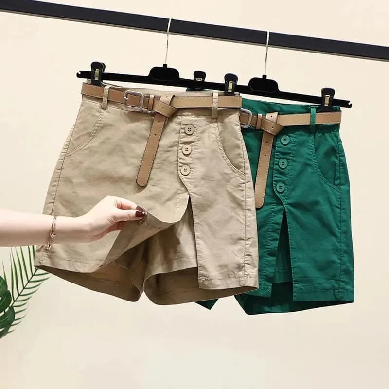 Chic Shorts Women's Belt Korean Solid Bottoni Side Spacco A-line Streetwear Fashion skirts Chic Harajuku Summer wide pants