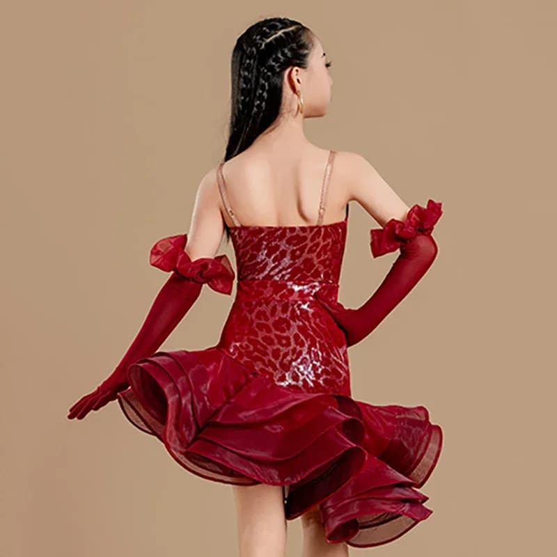 Completo da ballo latino per bambine: Body con spalline sottili e gonna ampia in rete a spina di pesce, con decorazioni floreali, per performance e lezioni di danza